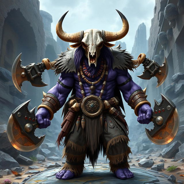 A semi-orc barbarian character with striking purple skin, featuring a unique bull skull as a helmet instead of a human one