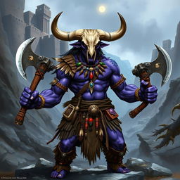 A semi-orc barbarian character with striking purple skin, featuring a unique bull skull as a helmet instead of a human one