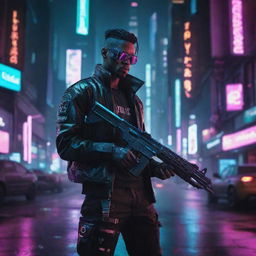 Create a dynamic image of a cyberpunk character holding a futuristic gun