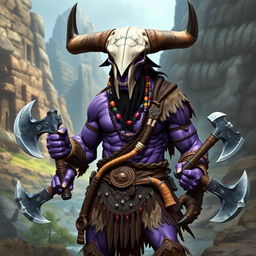 A semi-orc barbarian character with striking purple skin, featuring a unique bull skull as a helmet instead of a human one