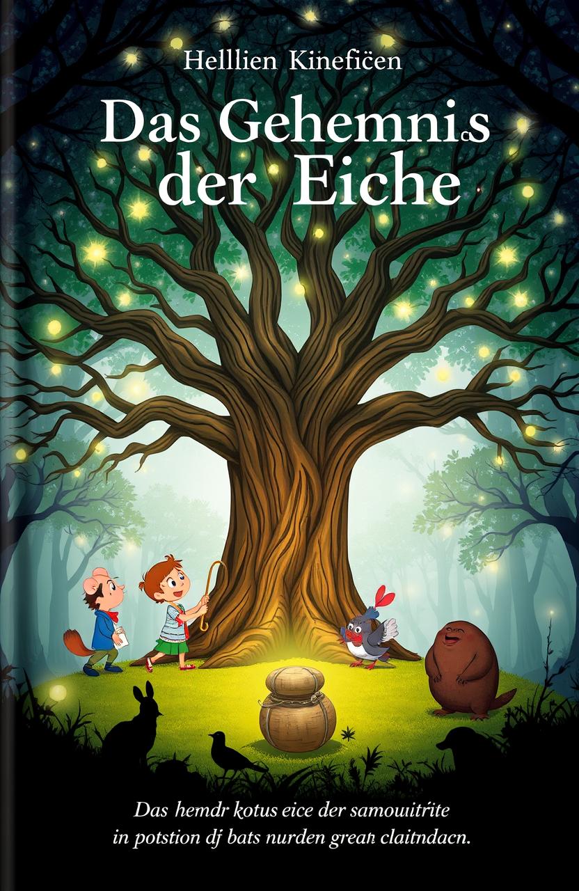 A whimsical book cover for 'Das Geheimnis der Eiche', featuring a large, ancient oak tree at the center, its sprawling branches creating a captivating canopy