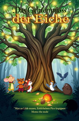 A whimsical book cover for 'Das Geheimnis der Eiche', featuring a large, ancient oak tree at the center, its sprawling branches creating a captivating canopy