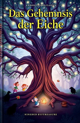 A whimsical book cover for 'Das Geheimnis der Eiche', featuring a large, ancient oak tree at the center, its sprawling branches creating a captivating canopy