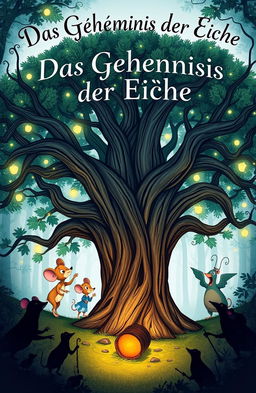 A whimsical book cover for 'Das Geheimnis der Eiche', featuring a large, ancient oak tree at the center, its sprawling branches creating a captivating canopy