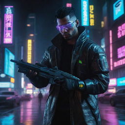 Create a dynamic image of a cyberpunk character holding a futuristic gun