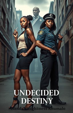 A dramatic scene featuring two adult African American sisters standing back to back in a gritty urban environment