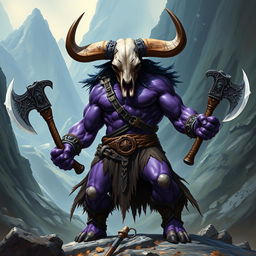 A powerful Dungeons and Dragons character, portrayed as a semi-orc barbarian with striking purple skin