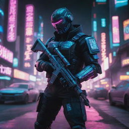 Design an intense image of a cyberpunk character wielding a futuristic assault rifle