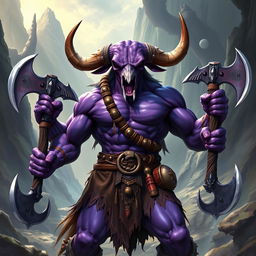 A powerful Dungeons and Dragons character, portrayed as a semi-orc barbarian with striking purple skin