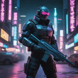 Design an intense image of a cyberpunk character wielding a futuristic assault rifle