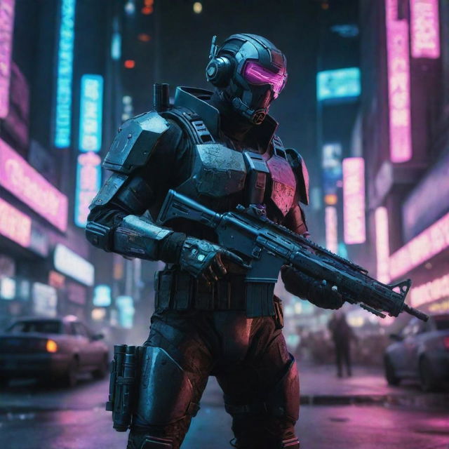 Design an intense image of a cyberpunk character wielding a futuristic assault rifle