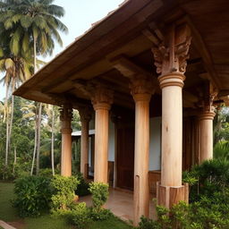 Generate an image of a traditional Kerala house exterior, characterized by sloping roofs, wooden sand-toned pillars, lush tropical landscaping, and intricate craftsmanship.