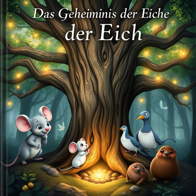 A captivating book cover for "Das Geheimnis der Eiche" featuring a large, ancient oak tree at the center