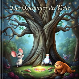 A captivating book cover for "Das Geheimnis der Eiche" featuring a large, ancient oak tree at the center