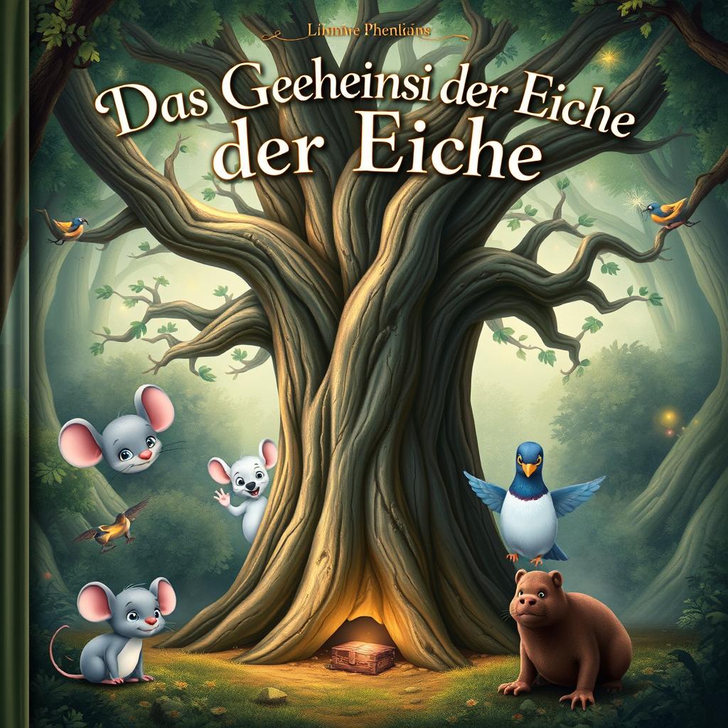 A captivating book cover for "Das Geheimnis der Eiche" featuring a large, ancient oak tree at the center