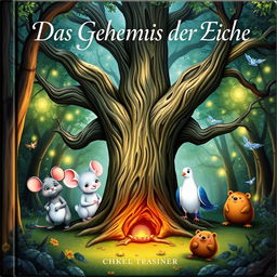 A captivating book cover for "Das Geheimnis der Eiche" featuring a large, ancient oak tree at the center