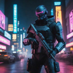 Design an intense image of a cyberpunk character wielding a futuristic assault rifle