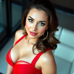 A beautiful 25-year-old woman dressed in a striking red outfit that highlights her figure, showing an alluring neckline