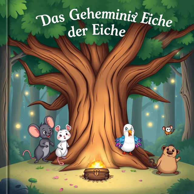 A whimsical book cover for "Das Geheimnis der Eiche" in a cartoon style, featuring a large, ancient oak tree at the center