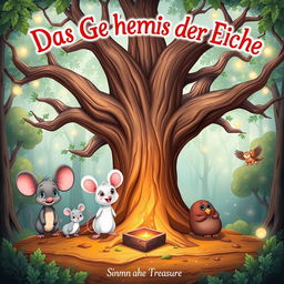 A whimsical book cover for "Das Geheimnis der Eiche" in a cartoon style, featuring a large, ancient oak tree at the center