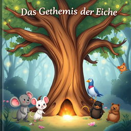 A whimsical book cover for "Das Geheimnis der Eiche" in a cartoon style, featuring a large, ancient oak tree at the center