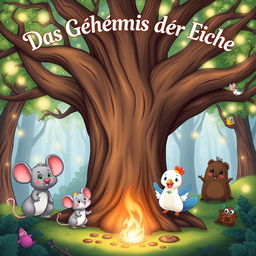 A whimsical book cover for "Das Geheimnis der Eiche" in a cartoon style, featuring a large, ancient oak tree at the center