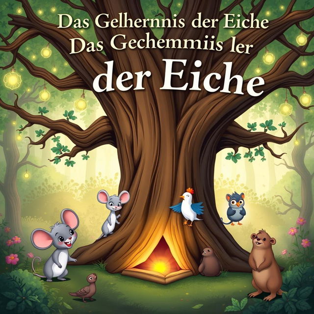 A delightful book cover for "Das Geheimnis der Eiche" in a cartoon style, featuring a large, ancient oak tree at the center