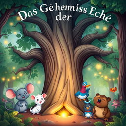 A delightful book cover for "Das Geheimnis der Eiche" in a cartoon style, featuring a large, ancient oak tree at the center