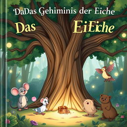 A delightful book cover for "Das Geheimnis der Eiche" in a cartoon style, featuring a large, ancient oak tree at the center