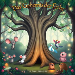 A delightful book cover for "Das Geheimnis der Eiche" in a cartoon style, featuring a large, ancient oak tree at the center