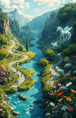 A surreal landscape depicting a divided river, with one side representing humans and the other side representing non-humans