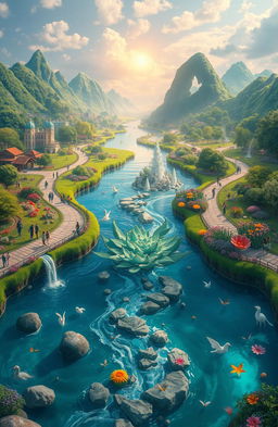 A surreal landscape depicting a divided river, with one side representing humans and the other side representing non-humans