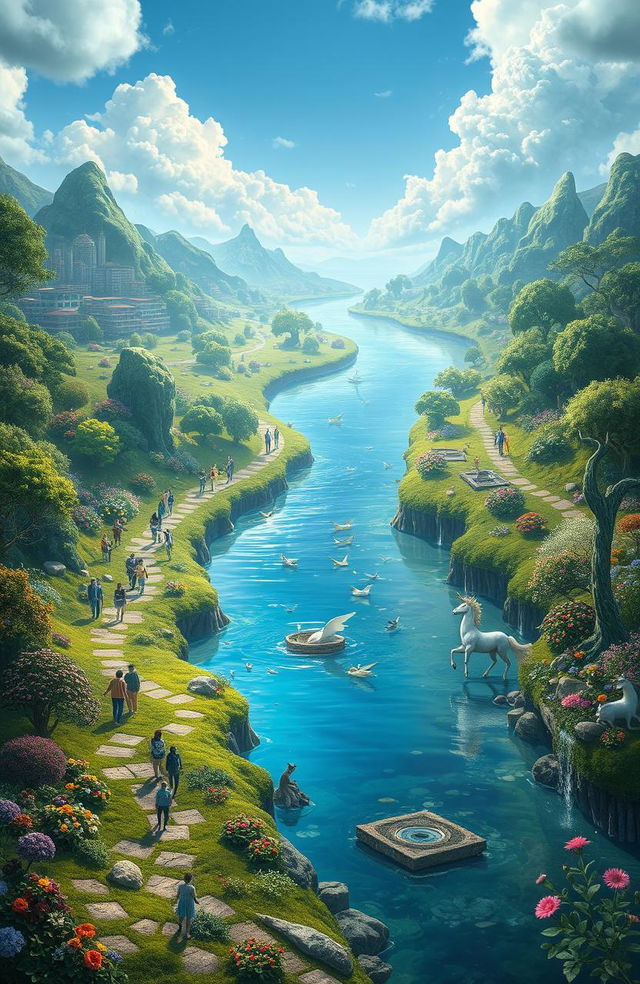 A surreal landscape depicting a divided river, with one side representing humans and the other side representing non-humans