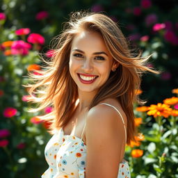 A close-up portrait of a confident and attractive woman with a big smile, dressed in a stylish summer outfit