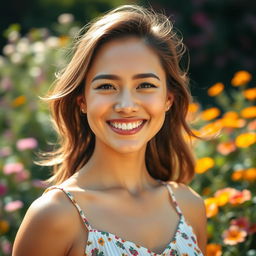 A close-up portrait of a confident and attractive woman with a big smile, dressed in a stylish summer outfit