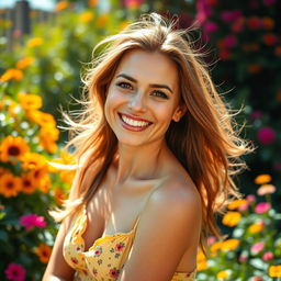 A close-up portrait of a confident and attractive woman with a big smile, dressed in a stylish summer outfit