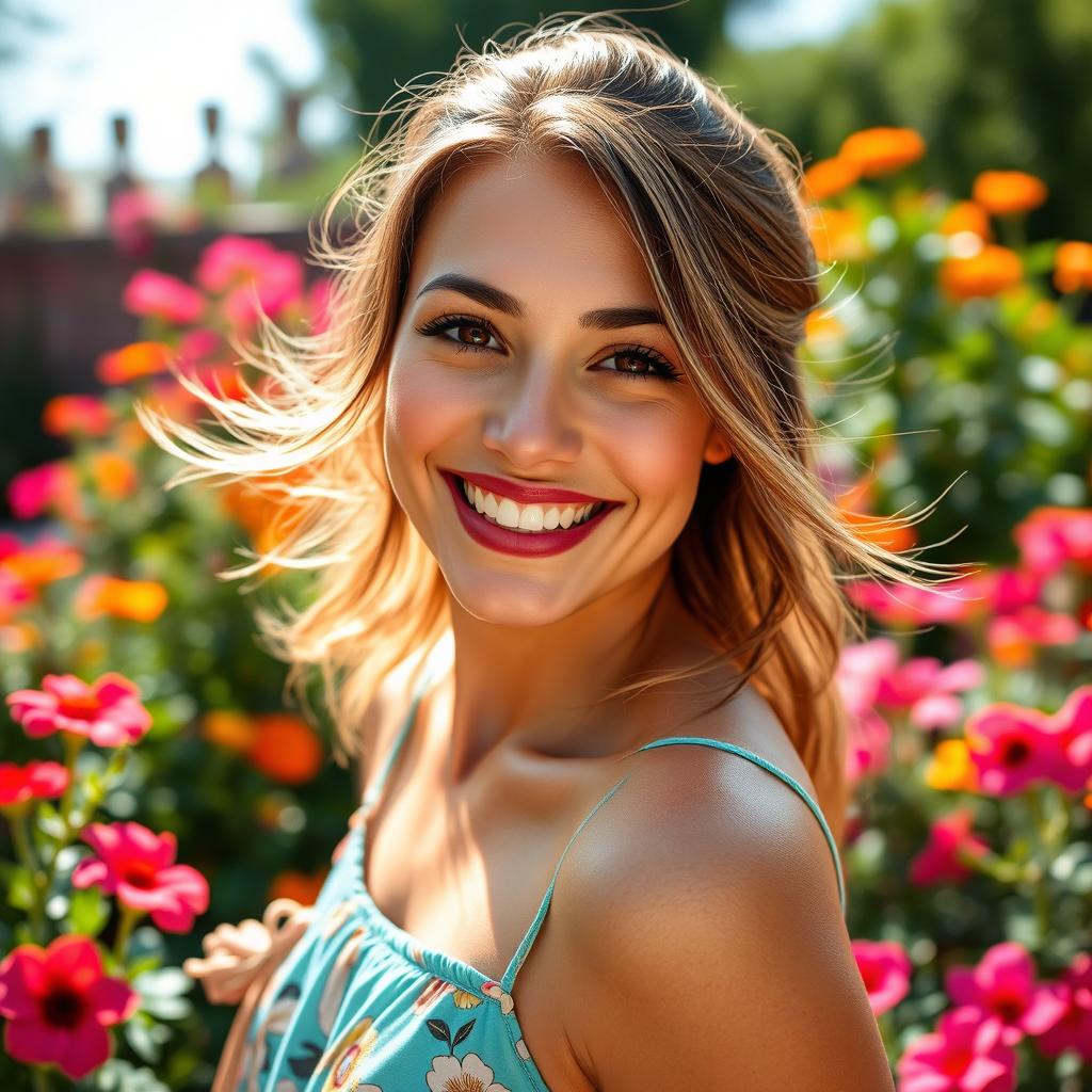 A close-up portrait of a confident and attractive woman with a big smile, dressed in a stylish summer outfit