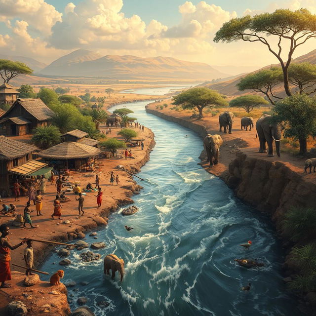 A captivating scene of a divided river flowing through an African village, showcasing the stark contrast between the human and non-human worlds