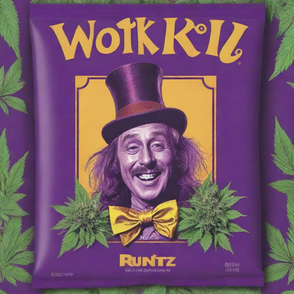 Design a bold and engaging packaging with the title 'Wonka Runtz' and an illustration of the marijuana strain