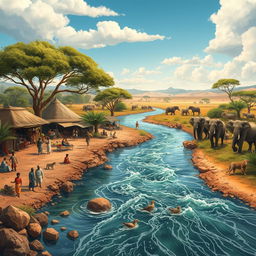 A captivating scene of a divided river flowing through an African village, showcasing the stark contrast between the human and non-human worlds