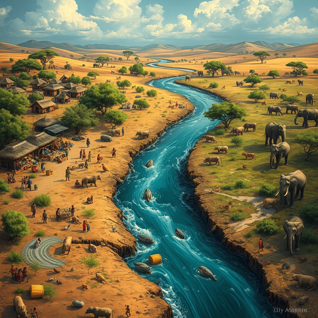 A captivating scene of a divided river flowing through an African village, showcasing the stark contrast between the human and non-human worlds