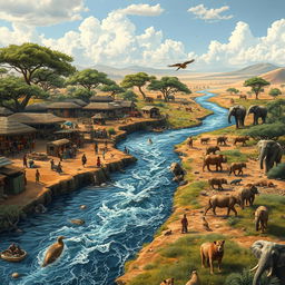 A captivating scene of a divided river flowing through an African village, showcasing the stark contrast between the human and non-human worlds