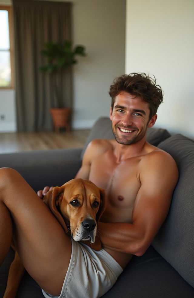 A fit young man lounging comfortably in his underwear, with a warm and friendly expression, sitting against a cozy couch