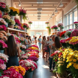 A vibrant and colorful scene inside a plastic flower store, featuring an array of lifelike artificial flowers in various shades, shapes, and sizes
