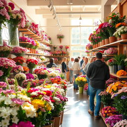 A vibrant and colorful scene inside a plastic flower store, featuring an array of lifelike artificial flowers in various shades, shapes, and sizes