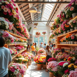 A vibrant and colorful scene inside a plastic flower store, featuring an array of lifelike artificial flowers in various shades, shapes, and sizes