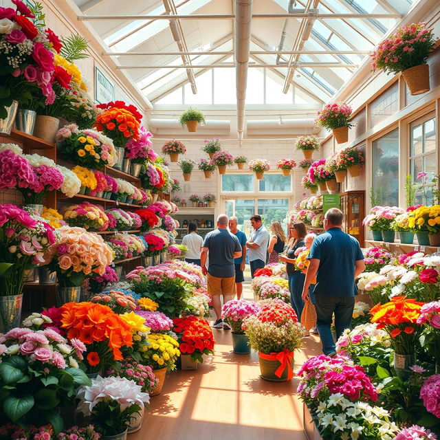 A vibrant and colorful scene inside a plastic flower store, featuring an array of lifelike artificial flowers in various shades, shapes, and sizes