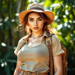 A captivating half-body portrait of a 20-year-old woman dressed as an adventurous explorer