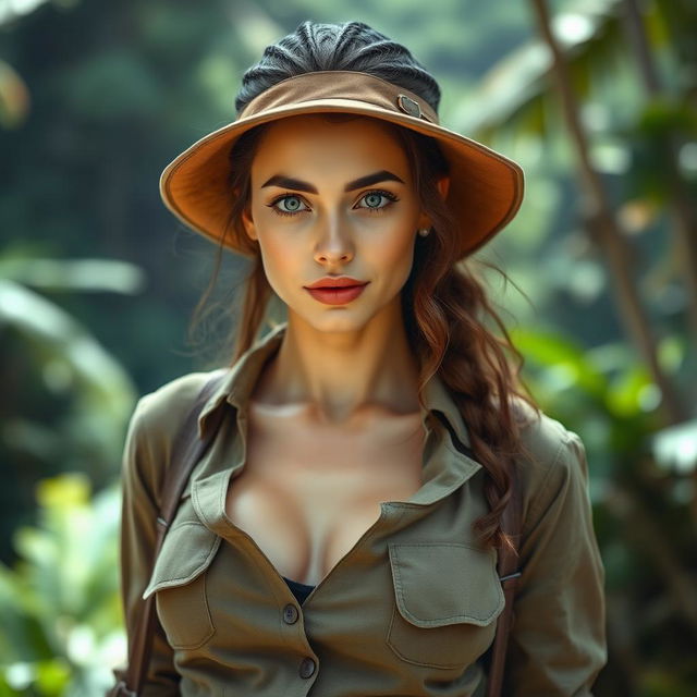 A captivating half-body portrait of a 20-year-old woman dressed as an adventurous explorer