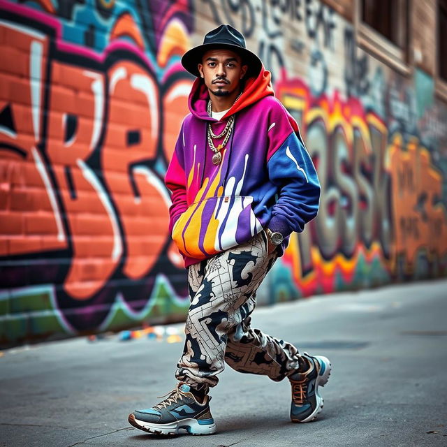 A stylish, urban streetwear model showcasing a unique 'drip' aesthetic, dressed in a vibrant oversized hoodie and trendy joggers with striking patterns